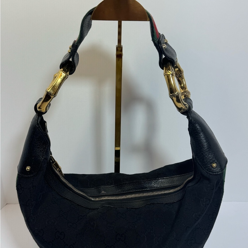AUTHENTIC Gucci Black Crescent Bag w/Green & Red Stripe & Gold Bamboo Rings - Picture 2 of 11